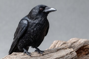 Close-up of a black crow perched on a branch against gray.