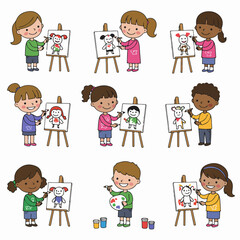 Children engage in imaginative shadow play with animal figures, fostering creativity and learning through fun interaction on a white background.