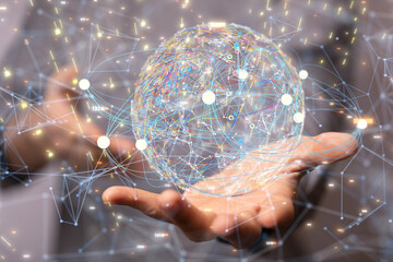 Global network. Blockchain. 3D illustration. Neural networks and artificial intelligence. Abstract