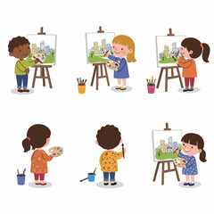 Diverse group of happy cartoon children actively playing and running, showcasing childhood joy and energy in a clean white background.