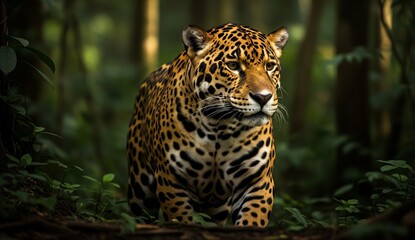 Obraz premium Animals: jaguar emerging from dense rainforest shadows, photographed from low angle with dappled sunlight through leaves
