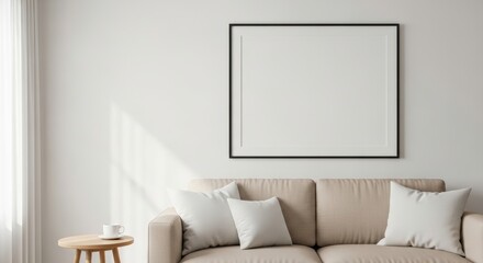 Blank frame on wall in living room interior design mockup