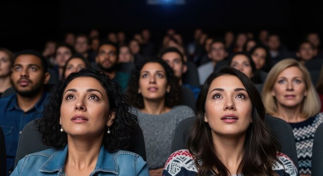 Engaged Audience Immersed in Cinematic Experience with Diverse Expressions and Emotions
