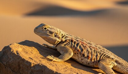 Animals: desert lizard perched on sunlit rock, photographed from side close-up with blurred sand background.