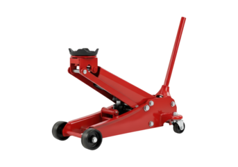 Red hydraulic floor jack with handle on transparent background