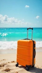 A brightly colored suitcase sits on a sandy beach, ready for a summer getaway Ocean waves gently lap the shore in the background, suggesting relaxation and adventure , summer, passport