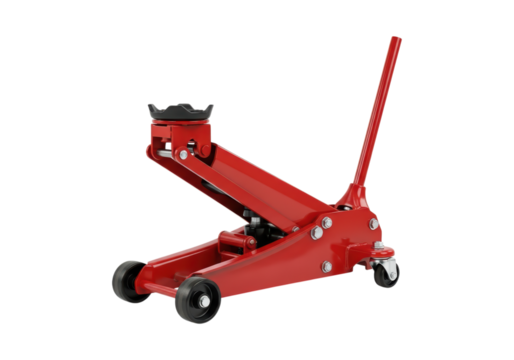 Red hydraulic floor jack with handle on transparent background
