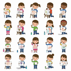 Diverse children happily watering plants, learning about nature and growth in a charming cartoon illustration, promoting gardening, education, and environmental care.