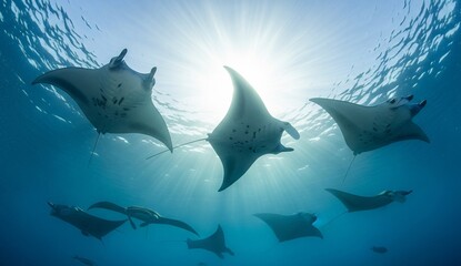 Animals: manta rays gliding gracefully through blue ocean, photographed from below against sunlight beams.