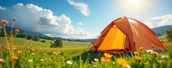 A brightly colored tent pitched in a sun-drenched meadow, surrounded by wildflowers, conveying a sense of carefree joy and outdoor adventure , bliss, view, tranquil