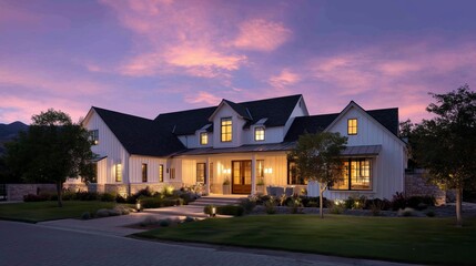 Elegant modern farmhouse illuminated at dusk with vibrant sunset colors in a serene neighborhood setting