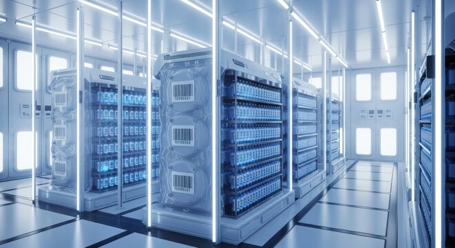 Futuristic blue server room or data center featuring advanced storage systems - Powered by Adobe