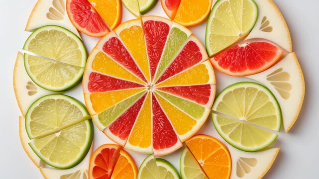 Vibrant arrangement of fresh citrus fruit slices in colorful circular pattern showcasing oranges, lemons, limes, and grapefruit