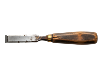 Old wooden handle chisel tool on transparent background