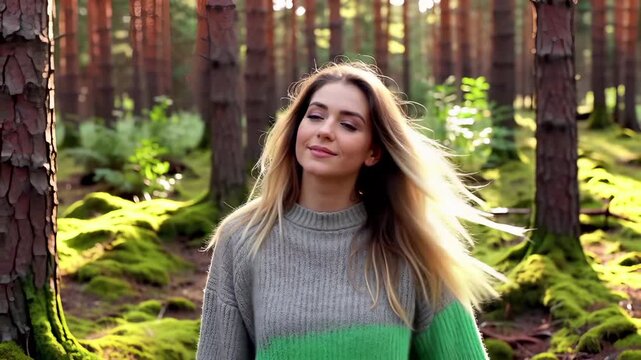 Happy woman with arms outstretched celebrating freedom in sunny forest. Blonde female in green sweater embracing nature, wellness and positive energy among pine trees.