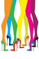 Colorful girls legs wearing high heels on white background. Vector illustration.