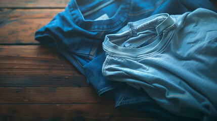 Denim apparel and casual T-shirts captured in pastel tones with soft lighting, clean minimalist composition, and tactile display elements, blending modern simplicity and stylish charm