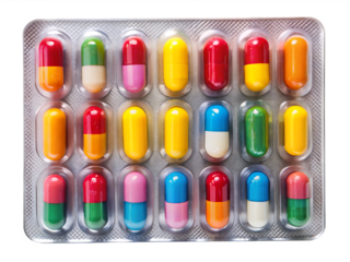Assorted colorful pills in blister pack isolated on white background ,PNG. AI Generated.