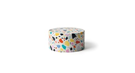 Minimal small terrazzo stone pedestal with colorful embedded stone chips, isolated on pure white background.
