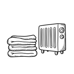 Folded laundry near heater in simple black and white sketch style  