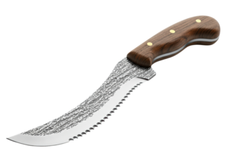 Curved serrated knife with wood handle on transparent background