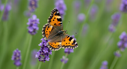Obraz premium Butterfly on Lavender: A delicate butterfly, adorned with intricate patterns, finds solace upon a vibrant lavender bloom. Its wings, a tapestry of nature's art.