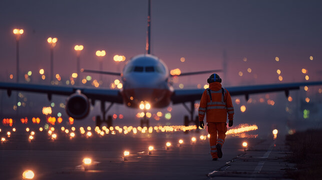 An airport ground crew member in a reflective orange uniform walks along the illuminated runway at dusk, heading toward a waiting airplane with its lights glowing in the background. The scene is fille