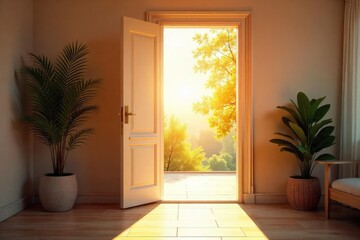 A brightly lit, welcoming open doorway reveals a sun-drenched interior space, promising warmth and comfort  Perfect for home, travel, or hospitality imagery ,  peaceful,  room,  bright