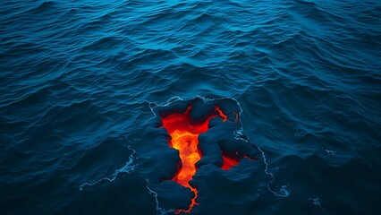 Deep blue ocean waves with glowing cracks beneath the surface, hinting at volcanic activity.