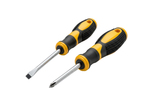 Flathead and phillips screwdrivers with black and yellow handles on transparent background