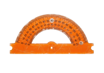 Orange plastic protractor on transparent background for angle measurement