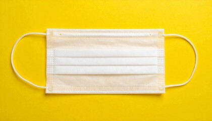 A white disposable face mask with ear loops lies against a bright yellow background. Clean, minimal, and symbolic, the image evokes protection, public health, and modern-day resilience.