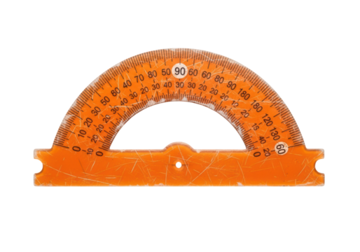 Orange plastic protractor on transparent background for angle measurement