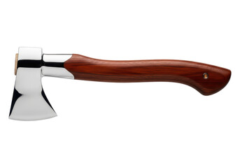 Polished steel hatchet with wooden handle on transparent background