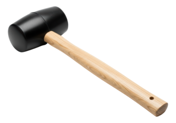 Black rubber mallet with wooden handle on transparent background