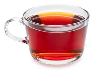 Glass cup of black tea isolated on white. Front view.
