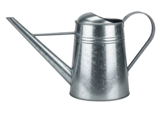 Metallic watering can with long spout for gardening