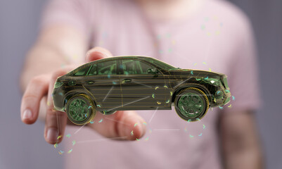 Person presenting a digital car hologram. Futuristic car technology concept.