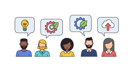Diverse group of people engaging in thought with lightbulb and cloud speech bubbles. An illustration of collaborative thinking, innovation, and idea generation. The images symbolize teamwork, ideas.