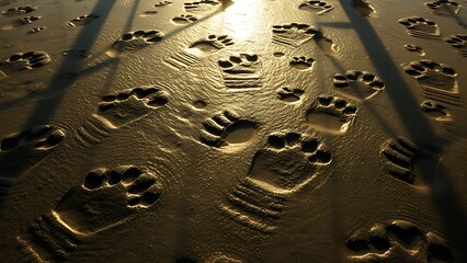 Ancient dinosaur footprints emerging from receding floodwaters like ghostly impressions of the past.