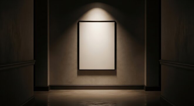 Minimalist gallery display featuring a blank illuminated canvas in a dim hallway