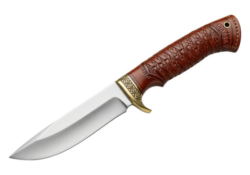 Intricately designed hunting knife with ornate carved handle and sharp blade