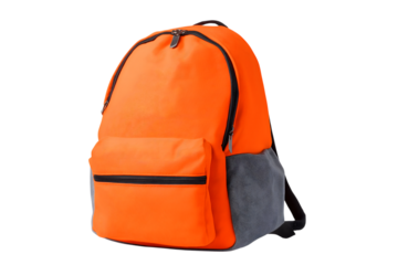  stylish, modern orange backpack with grey pocket and accents isolated on white background