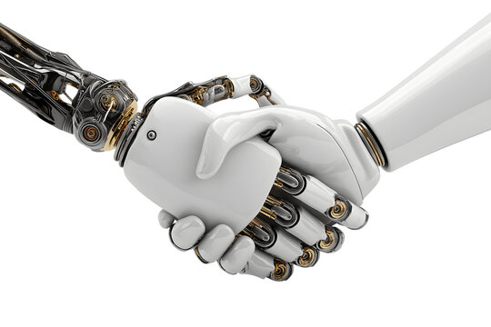 futuristic handshake between two robots, symbolizing artificial intelligence and human-machine collaboration isolated on white background