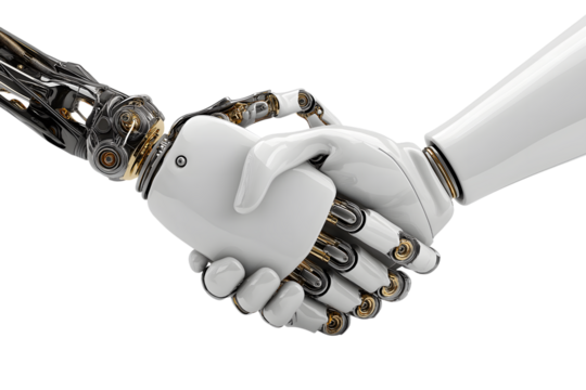 futuristic handshake between two robots, symbolizing artificial intelligence and human-machine collaboration isolated on white background