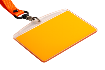 bright yellow ID badge hangs from orange lanyard isolated on white background