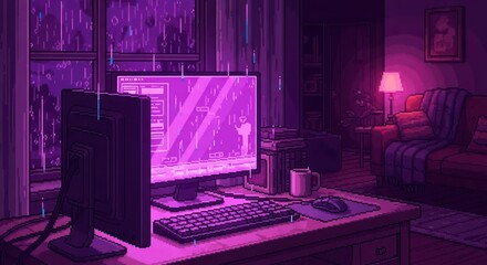Pixelated purple rain ambience in a cozy digital workspace with retro computer setup