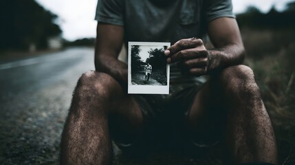 A man contemplates the past while holding an old photograph on a solitary roadside