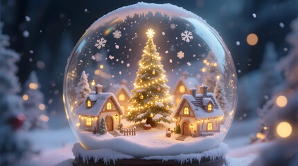 A Christmas Winter Village Scene Inside a Snow Globe: Capturing a magical moment of the village scene within a snow globe, with a decorated Christmas tree and snow-covered houses.