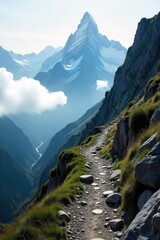 A challenging mountain pass shrouded in mist, offering a dramatic view of jagged peaks and a steep, rocky trail The path winds upward towards a distant, snow-capped summit , clouds, landscape